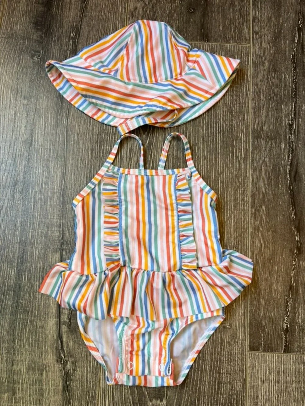 Baby Girl Pastel Rainbow Striped Ruffle Swimsuit & Sun Hat